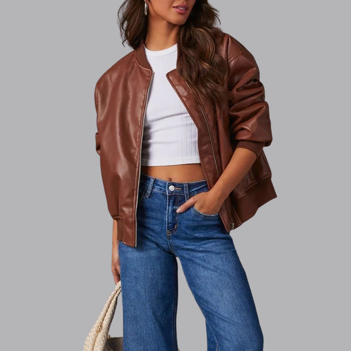 Women’s Oversized Faux Leather Bomber Jacket Zip Front