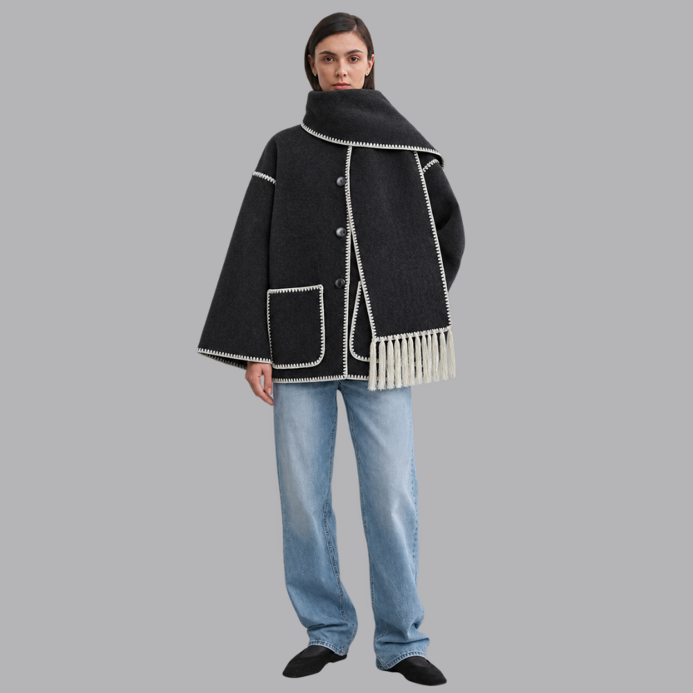 Women’s Oversized Cape Coat Contrast Trim Fringed Scarf