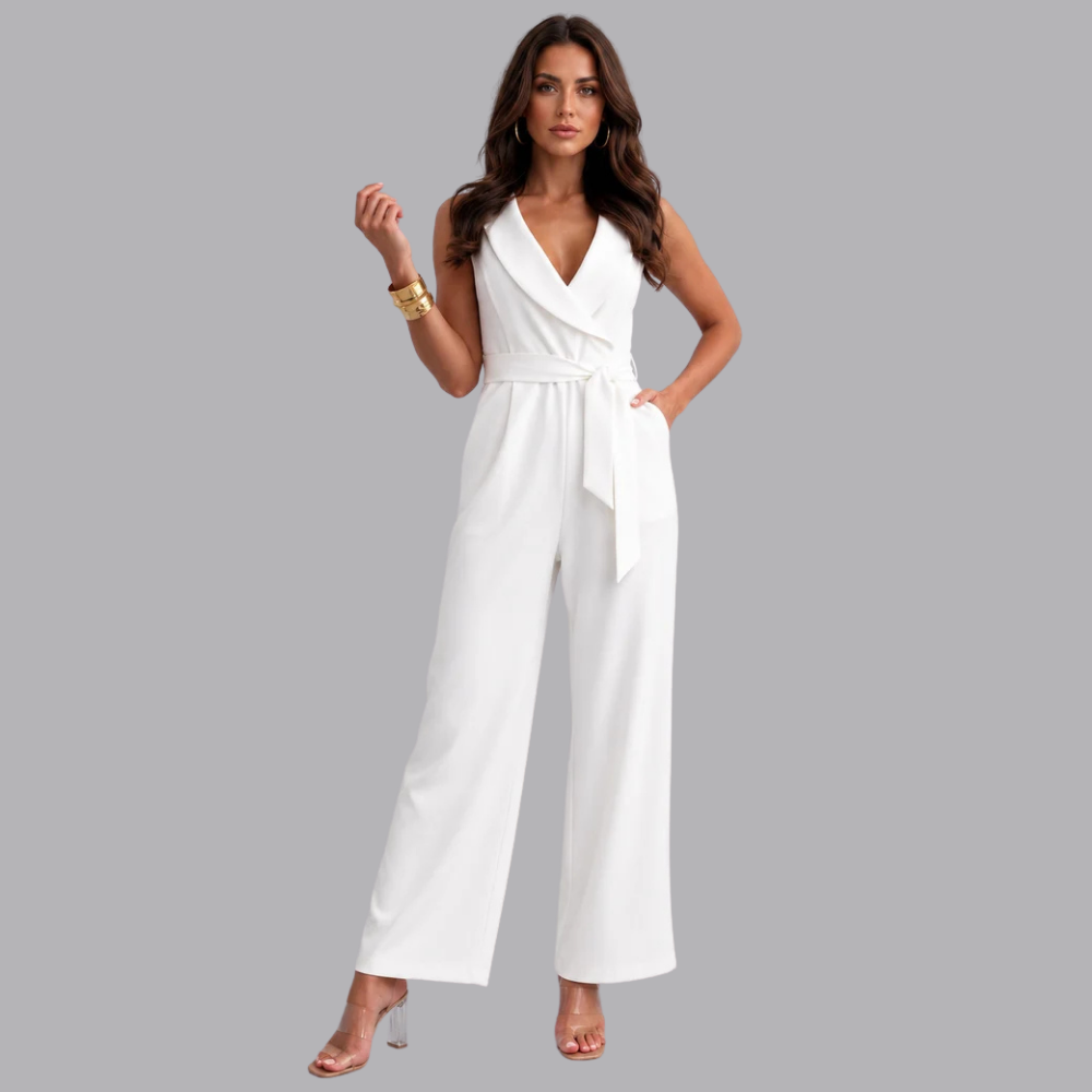 Women’s Elegant Sleeveless Wide Leg Jumpsuit Belted Waist
