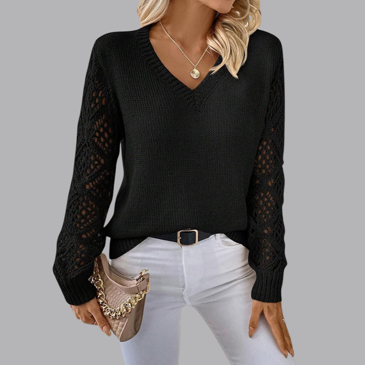 Women’s V Neck Jumper Crochet Sleeve Detail Long Sleeve Cardigan
