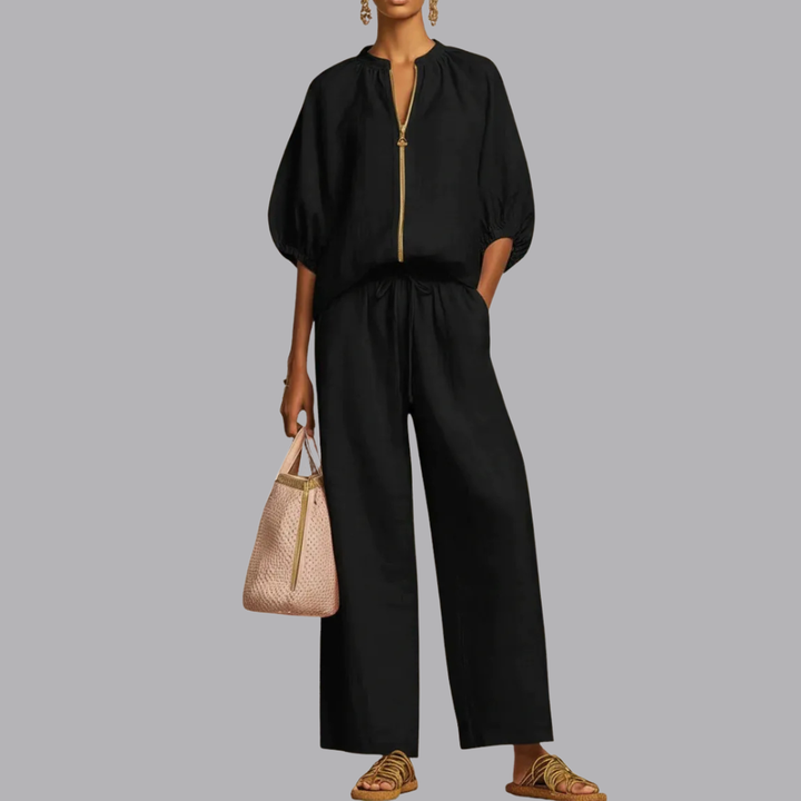 Women’s Denim Zip Front Wide Leg Trousers Two Piece Set