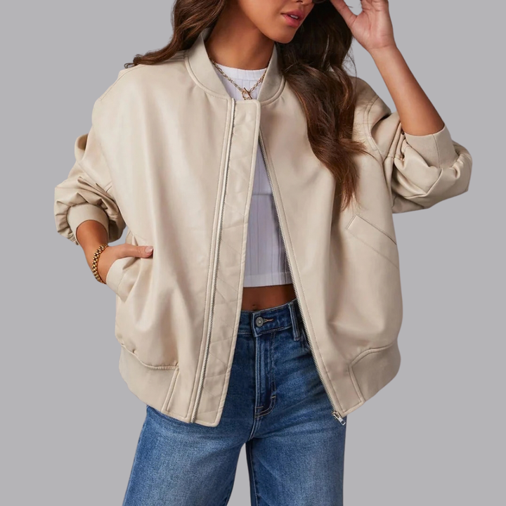Women’s Oversized Faux Leather Bomber Jacket Zip Front