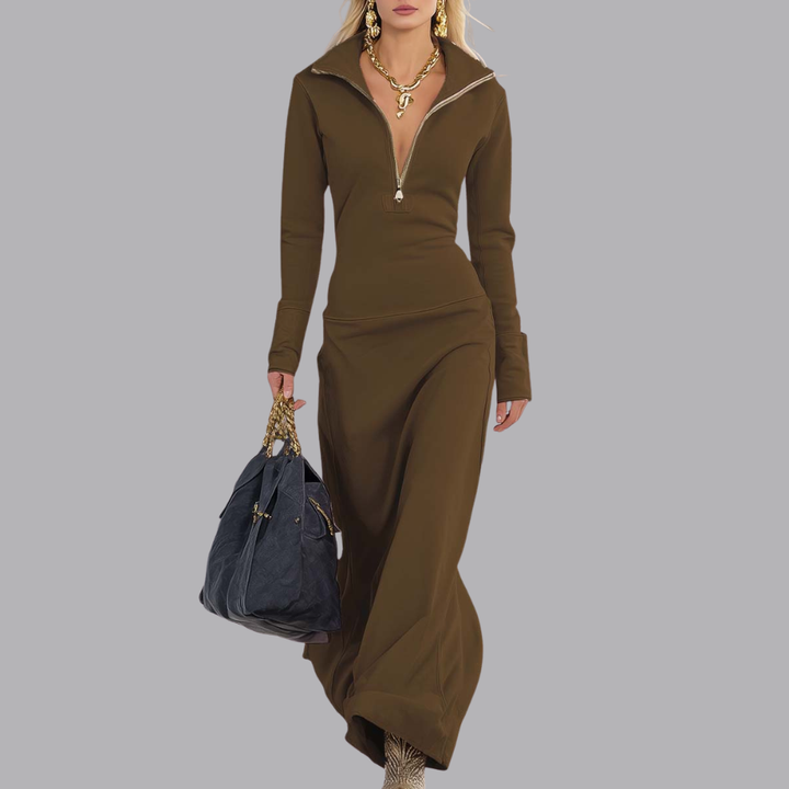 Women’s Long Sleeve Zip Up Maxi Dress High Neck