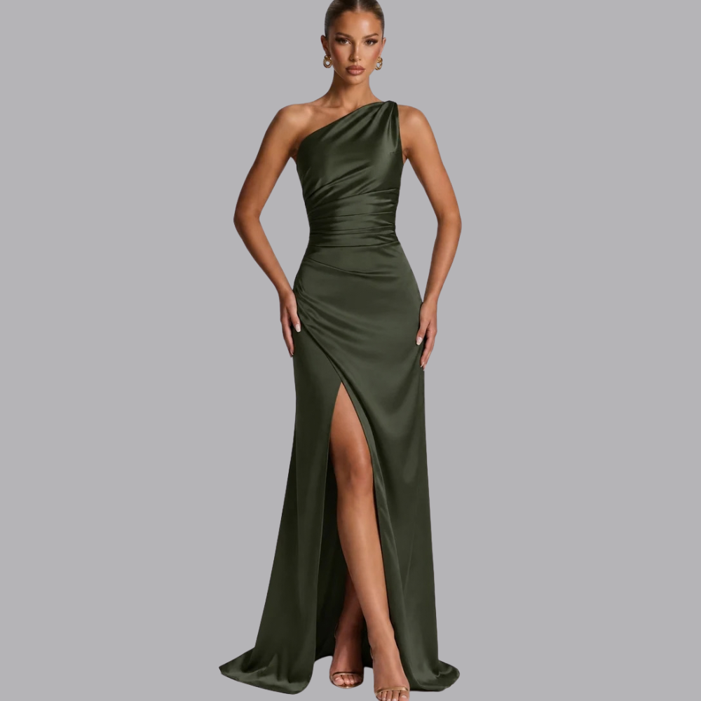 Women’s Satin Evening Gown Asymmetric Neckline High Slit
