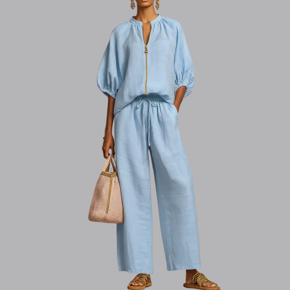Women’s Denim Zip Front Wide Leg Trousers Two Piece Set