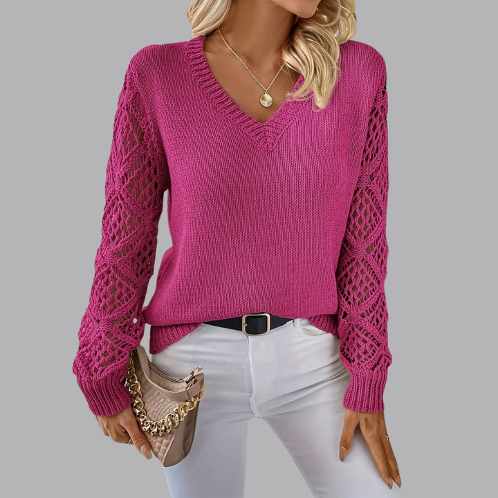 Women’s V Neck Jumper Crochet Sleeve Detail Long Sleeve Cardigan