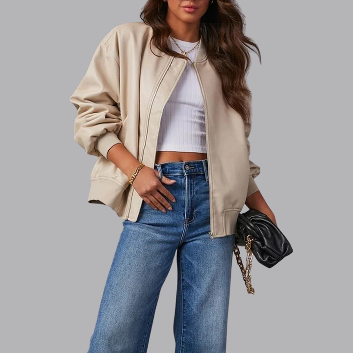 Women’s Oversized Faux Leather Bomber Jacket Zip Front