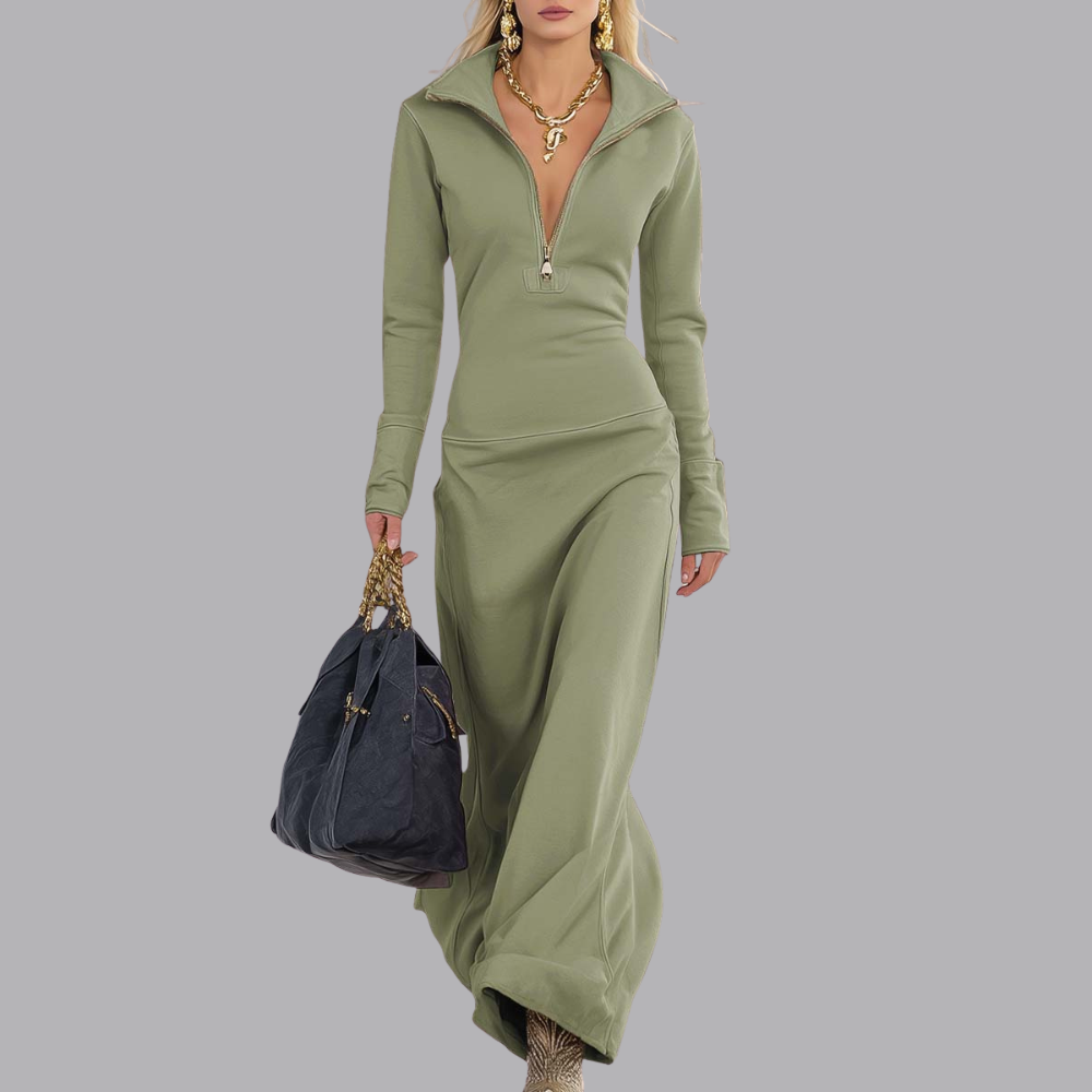 Women’s Long Sleeve Zip Up Maxi Dress High Neck