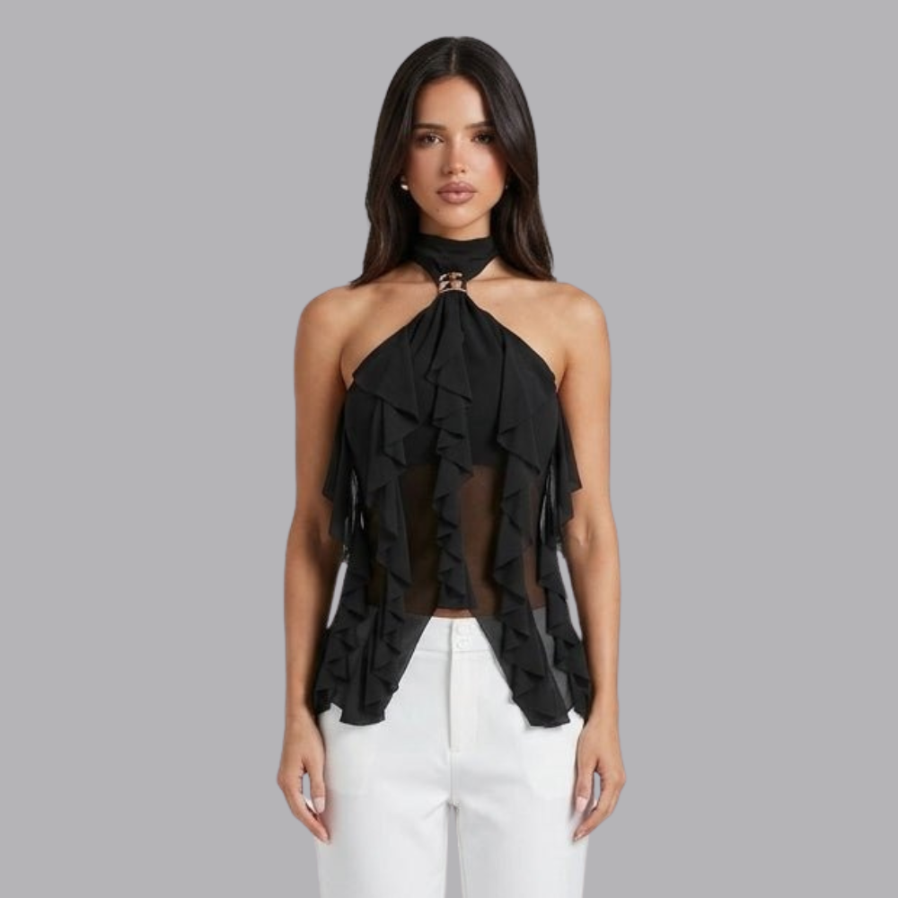 Women’s Ruffle Halter Neck Top Back Tie Sleeveless Blouse