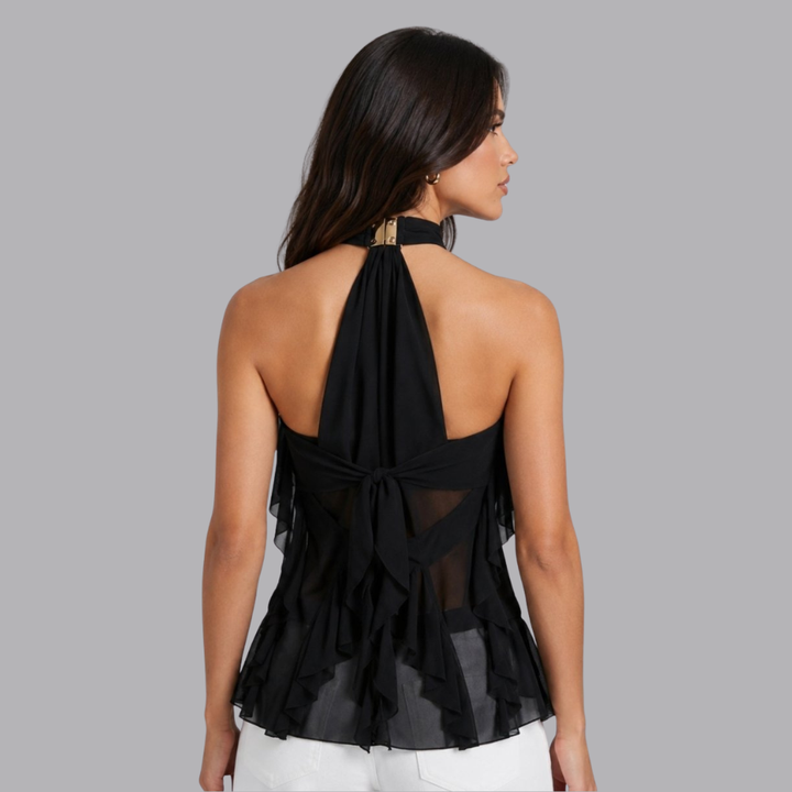 Women’s Ruffle Halter Neck Top Back Tie Sleeveless Blouse