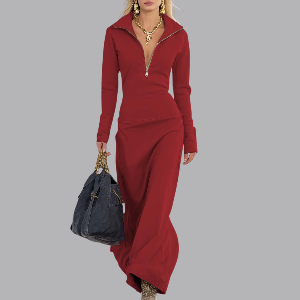 Women’s Long Sleeve Zip Up Maxi Dress High Neck