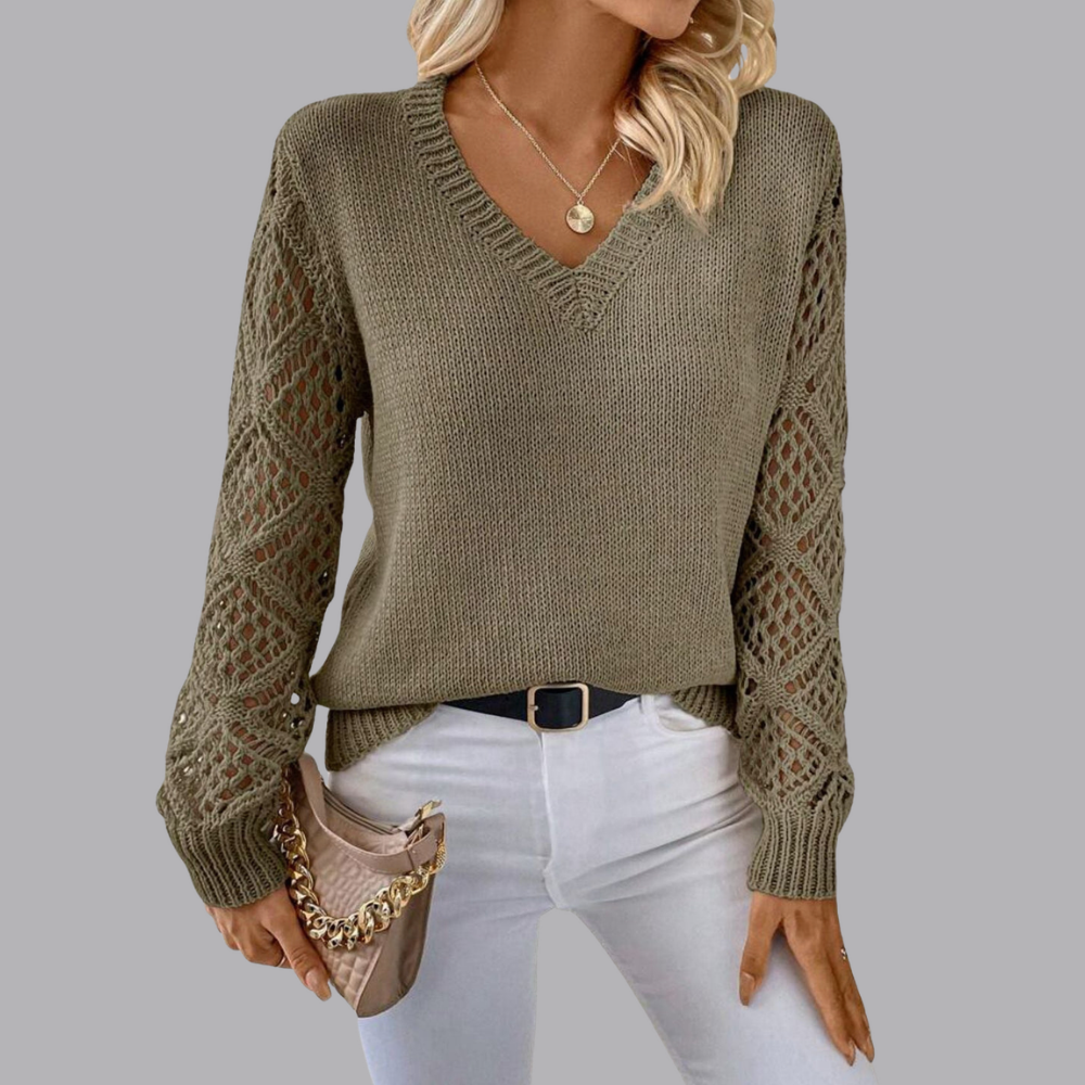 Women’s V Neck Jumper Crochet Sleeve Detail Long Sleeve Cardigan