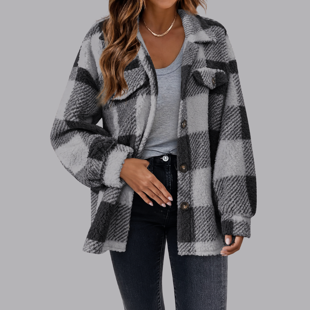 Women’s Plaid Sherpa Shacket Oversized Button Front Jacket
