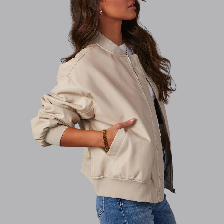 Women’s Oversized Faux Leather Bomber Jacket Zip Front