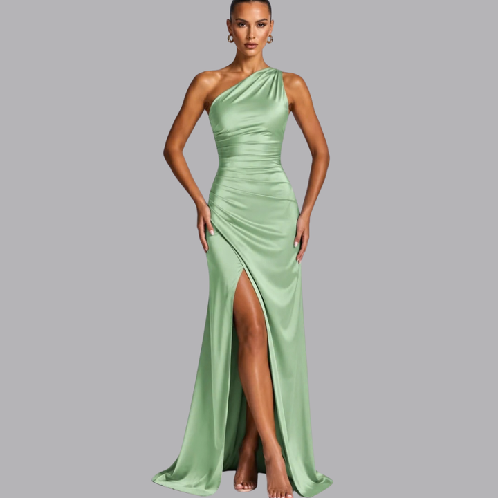 Women’s Satin Evening Gown Asymmetric Neckline High Slit