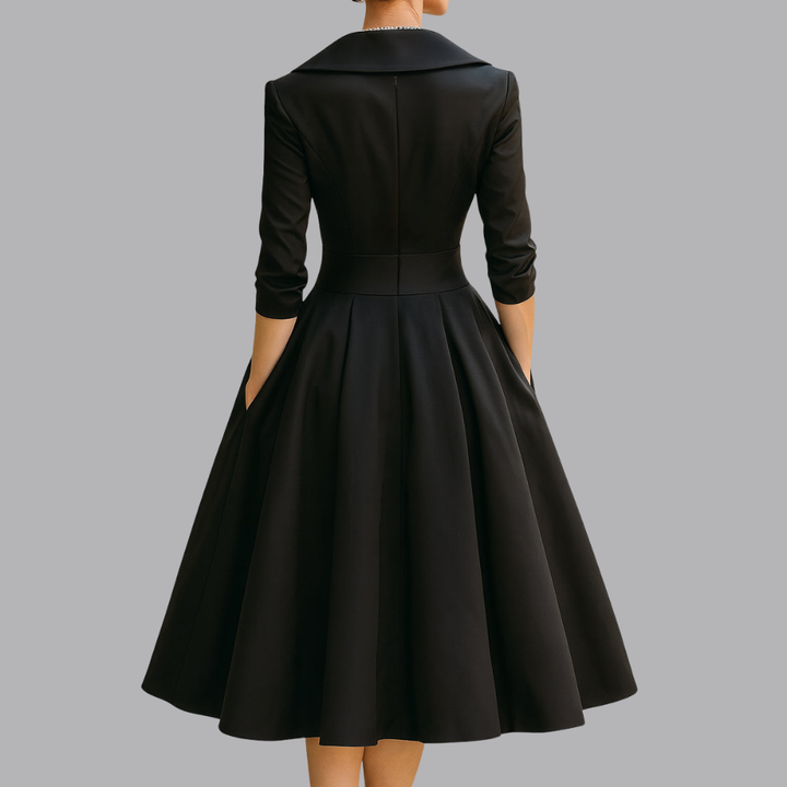 Women’s Elegant Collared A Line Midi Dress V Neck Pleated Skirt