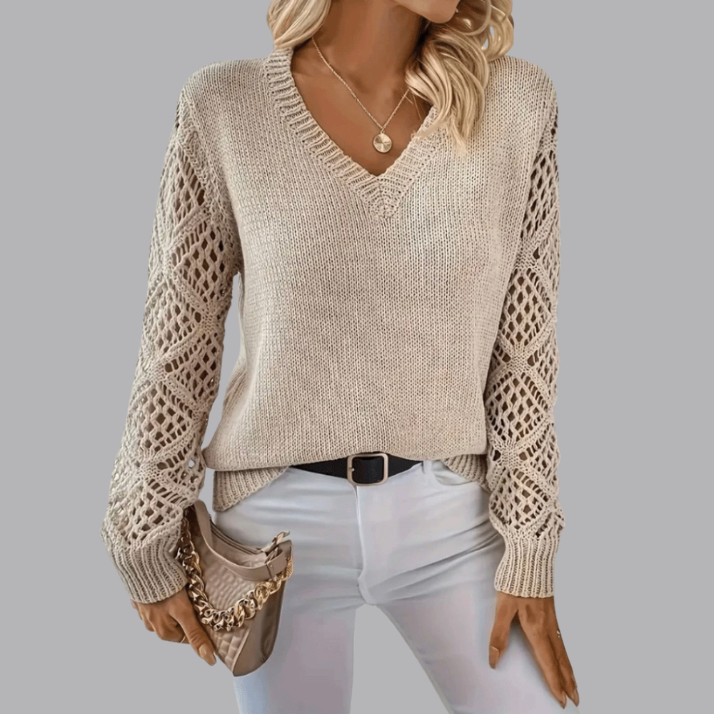 Women’s V Neck Jumper Crochet Sleeve Detail Long Sleeve Cardigan