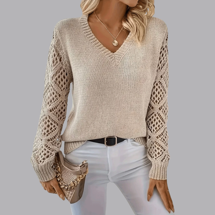 Women’s V Neck Jumper Crochet Sleeve Detail Long Sleeve Cardigan