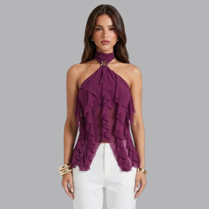 Women’s Ruffle Halter Neck Top Back Tie Sleeveless Blouse