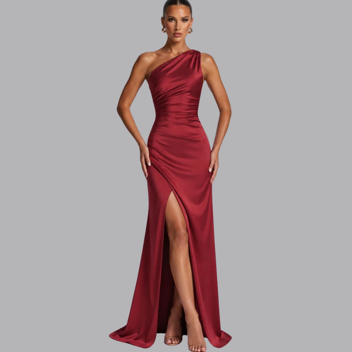 Women’s Satin Evening Gown Asymmetric Neckline High Slit