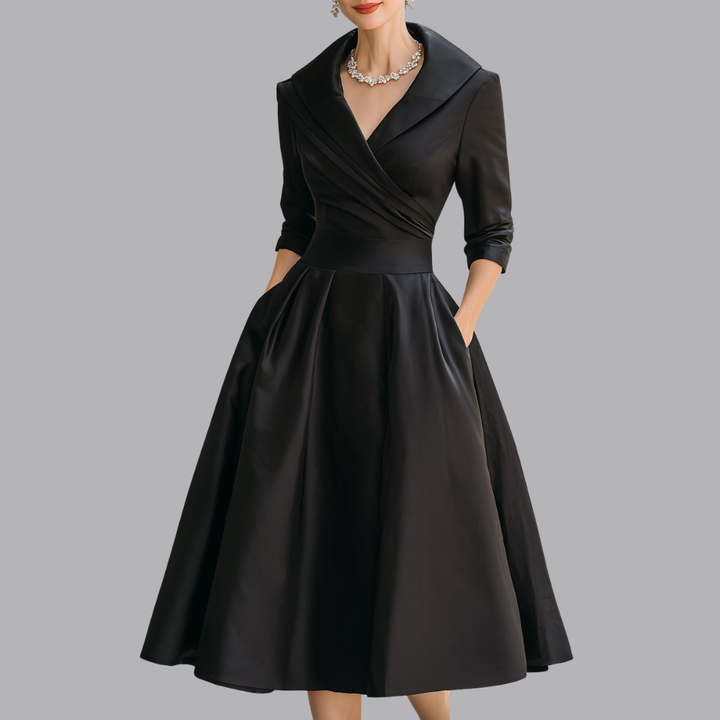 Women’s Elegant Collared A Line Midi Dress V Neck Pleated Skirt
