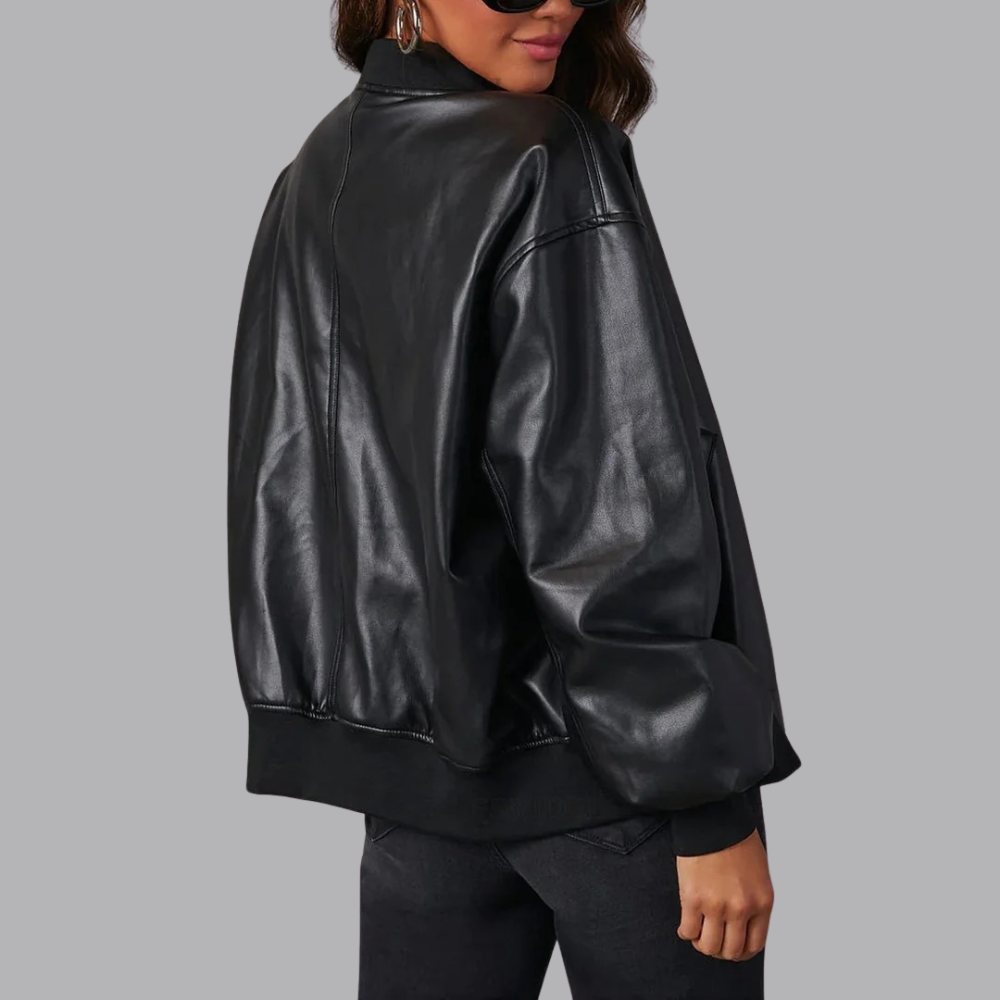Women’s Oversized Faux Leather Bomber Jacket Zip Front