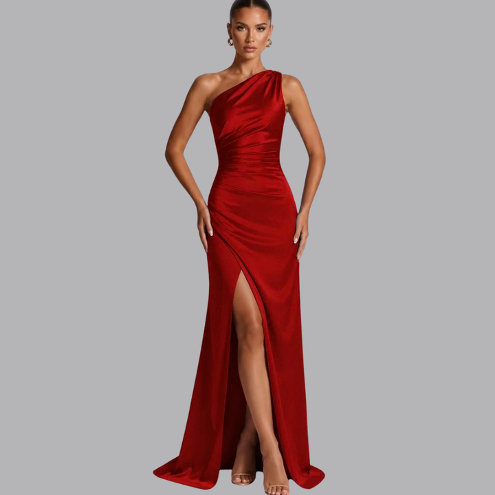 Women’s Satin Evening Gown Asymmetric Neckline High Slit