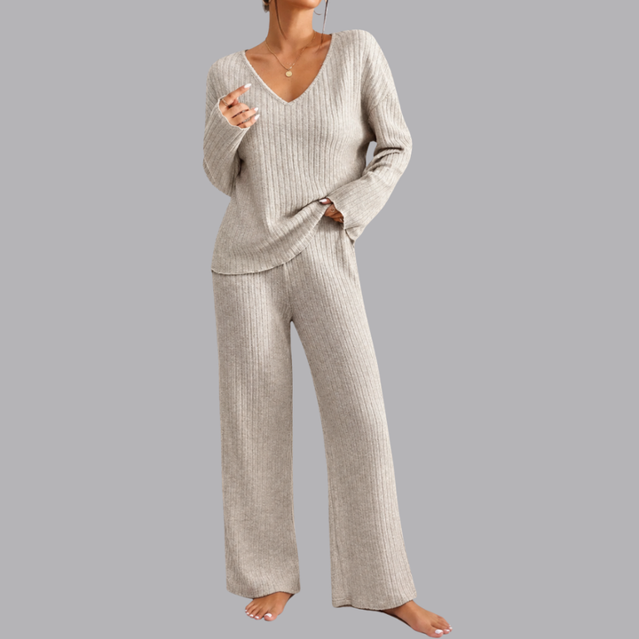 Women’s Ribbed Lounge Set V Neck Sweater &amp; Wide Leg Pants