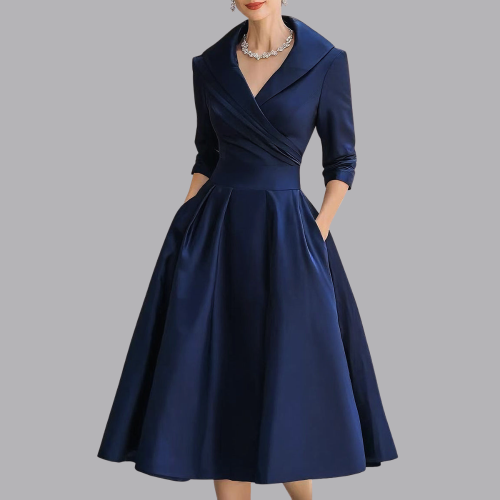 Women’s Elegant Collared A Line Midi Dress V Neck Pleated Skirt