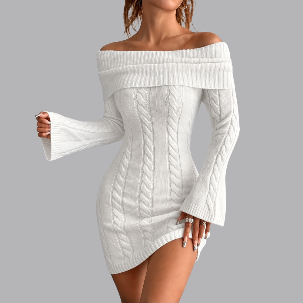 Women’s Off Shoulder Sweater Mini Dress Cable Knit Long Sleeve