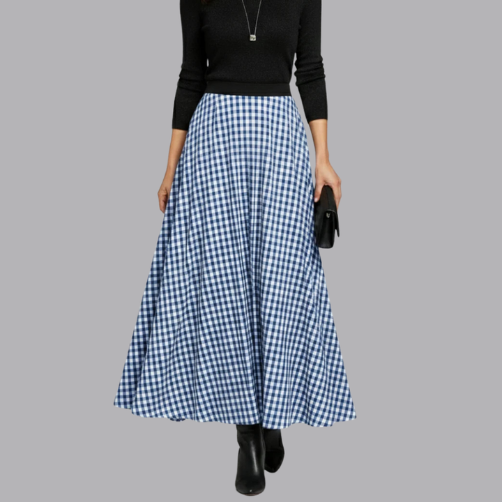 Women’s Checked Maxi Skirt High Waisted Flared Fit