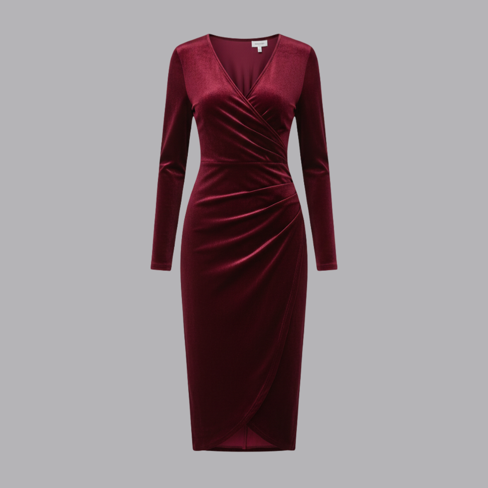 Women’s Velvet Wrap Midi Dress V Neck Long Sleeve