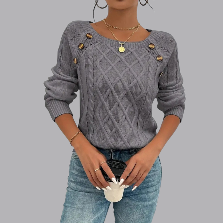 Women’s Cable Knit Jumper Boat Neck Button Detail Sweater