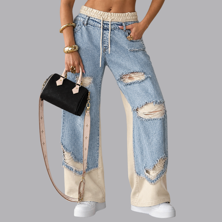 Women’s Wide Leg Jeans Distressed Patchwork Denim Trousers