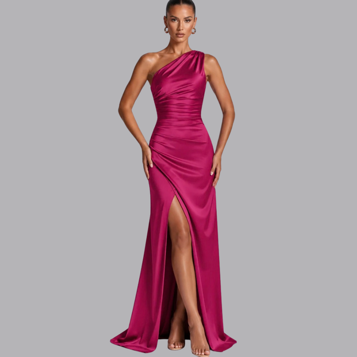 Women’s Satin Evening Gown Asymmetric Neckline High Slit