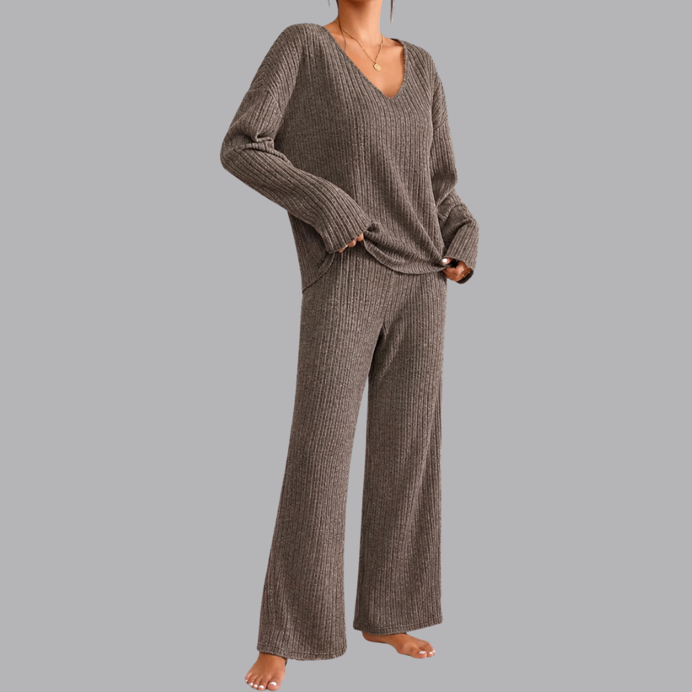 Women’s Ribbed Lounge Set V Neck Sweater &amp; Wide Leg Pants