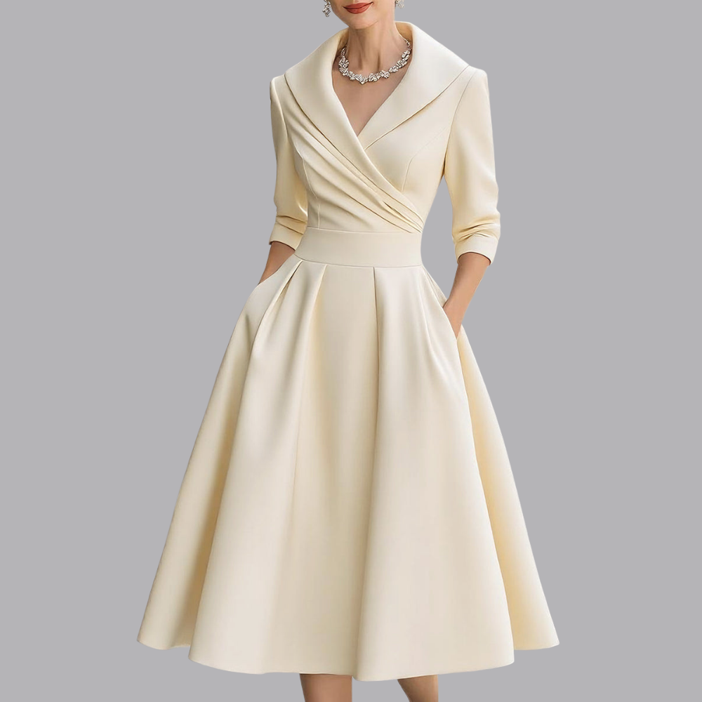 Women’s Elegant Collared A Line Midi Dress V Neck Pleated Skirt