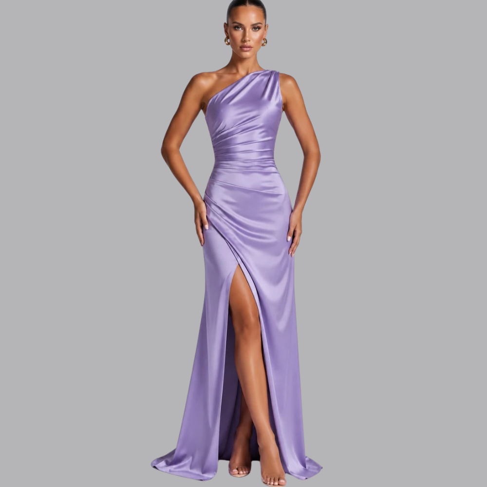 Women’s Satin Evening Gown Asymmetric Neckline High Slit