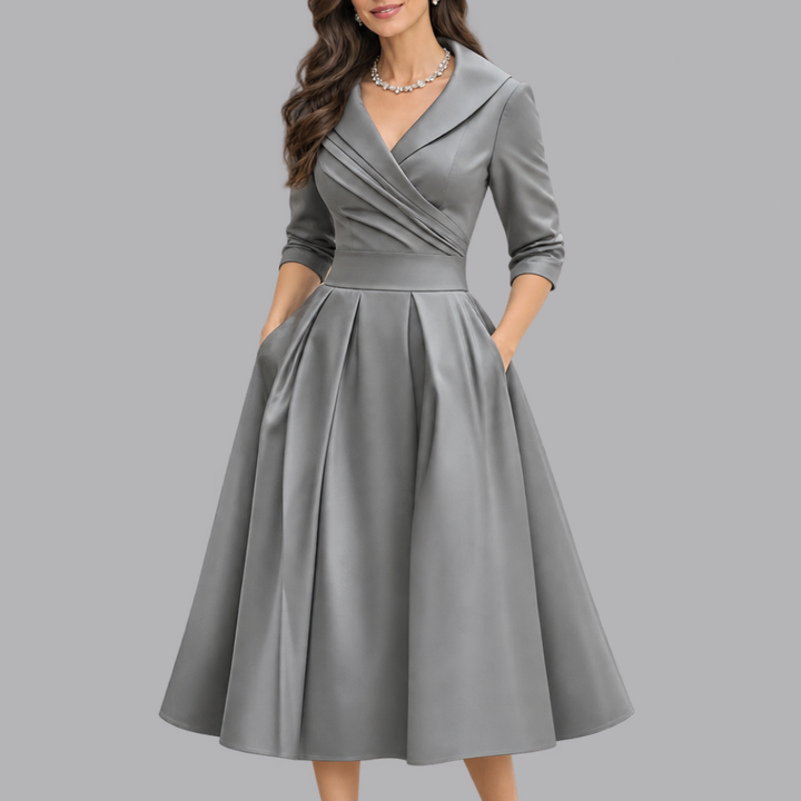Women’s Elegant Collared A Line Midi Dress V Neck Pleated Skirt