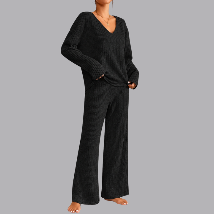 Women’s Ribbed Lounge Set V Neck Sweater &amp; Wide Leg Pants
