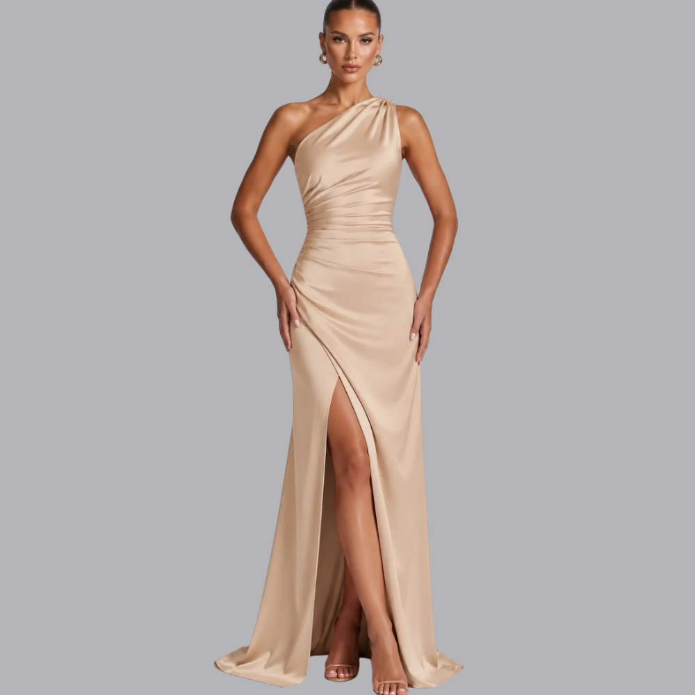 Women’s Satin Evening Gown Asymmetric Neckline High Slit