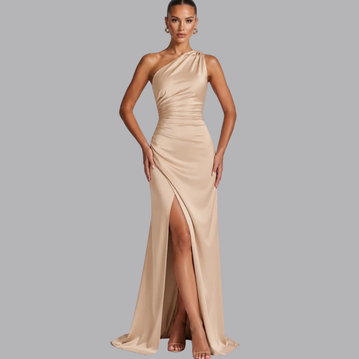 Women’s Satin Evening Gown Asymmetric Neckline High Slit