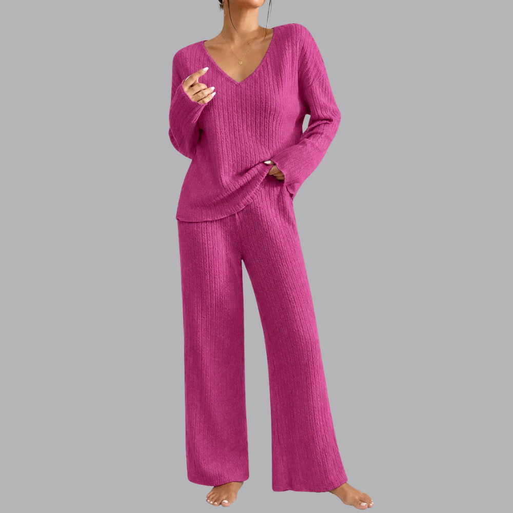 Women’s Ribbed Lounge Set V Neck Sweater &amp; Wide Leg Pants