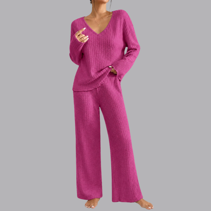 Women’s Ribbed Lounge Set V Neck Sweater &amp; Wide Leg Pants