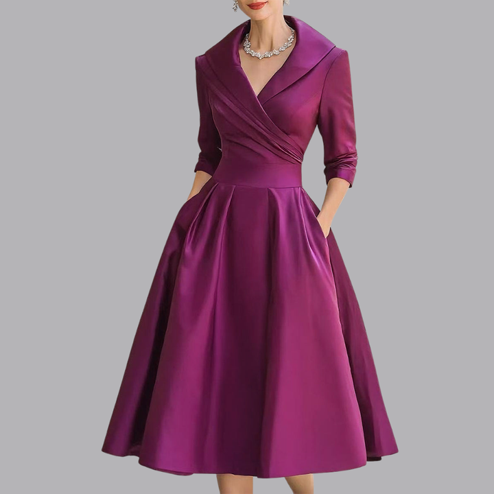 Women’s Elegant Collared A Line Midi Dress V Neck Pleated Skirt