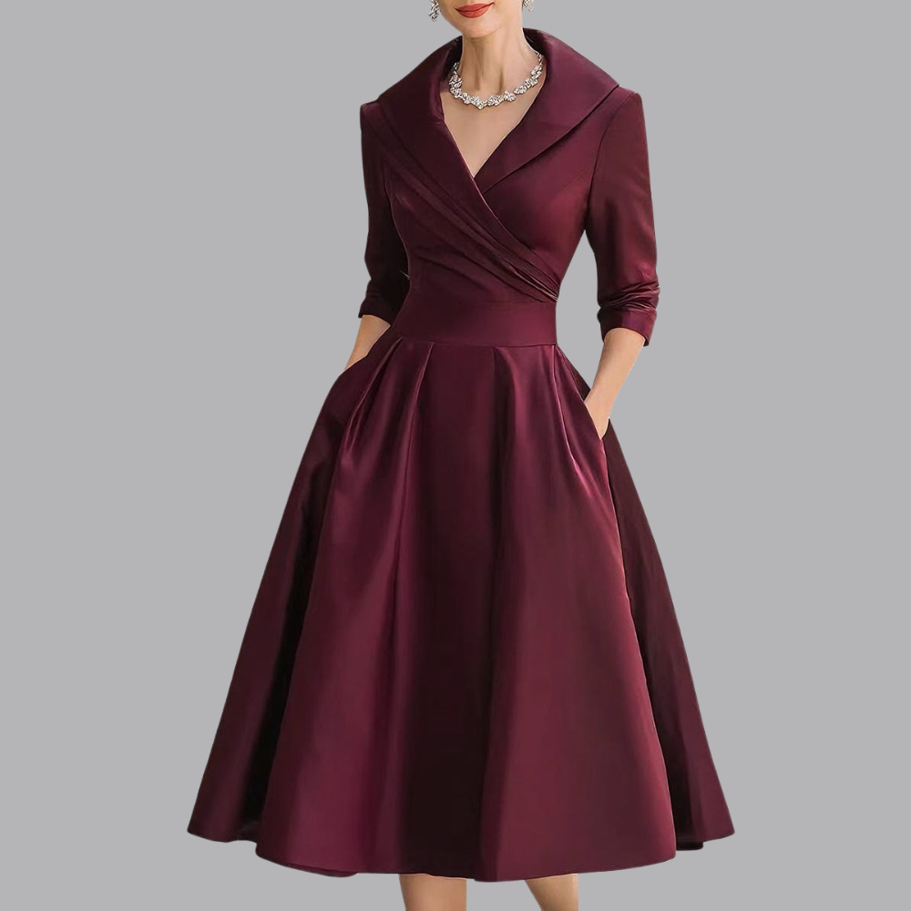 Women’s Elegant Collared A Line Midi Dress V Neck Pleated Skirt