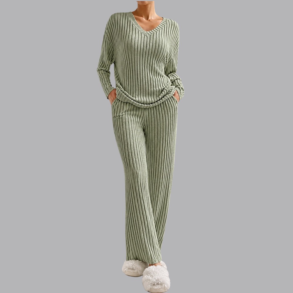 Women’s Ribbed Lounge Set V Neck Sweater &amp; Wide Leg Pants