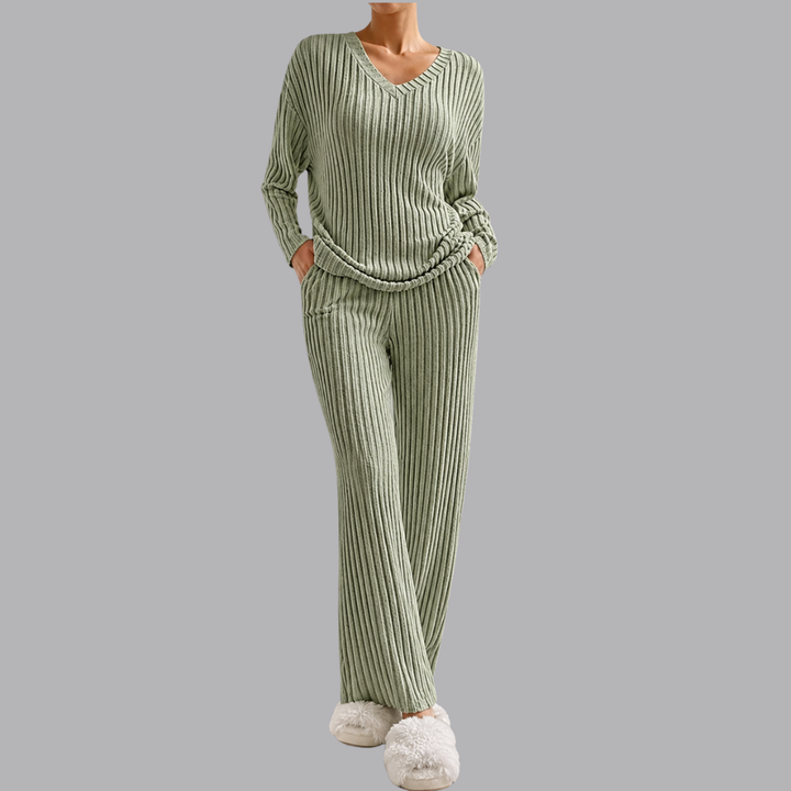 Women’s Ribbed Lounge Set V Neck Sweater &amp; Wide Leg Pants