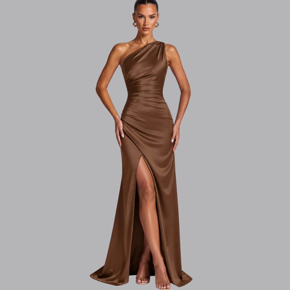 Women’s Satin Evening Gown Asymmetric Neckline High Slit