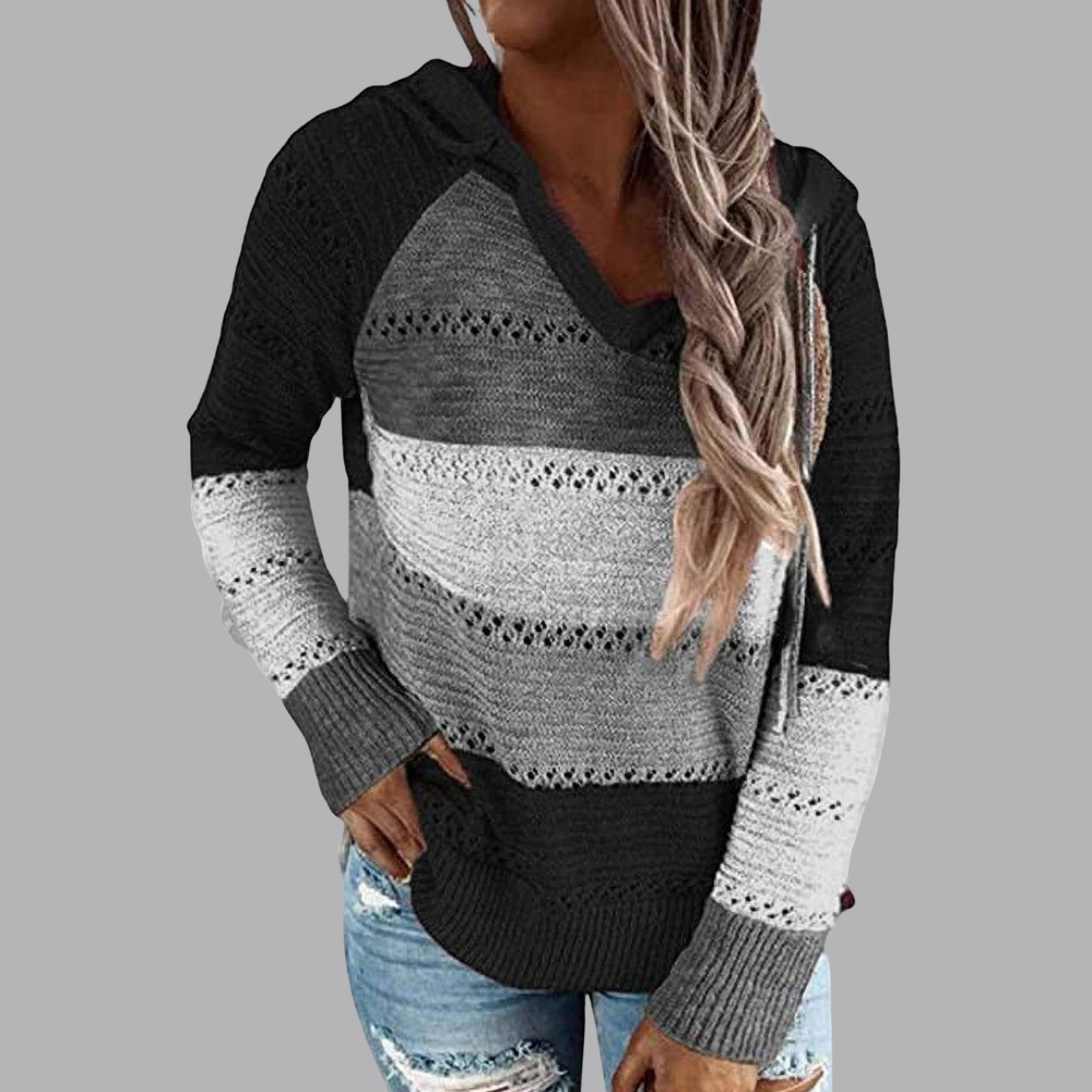 Women’s Striped Hooded Knit Cardigan V Neck Long Sleeve